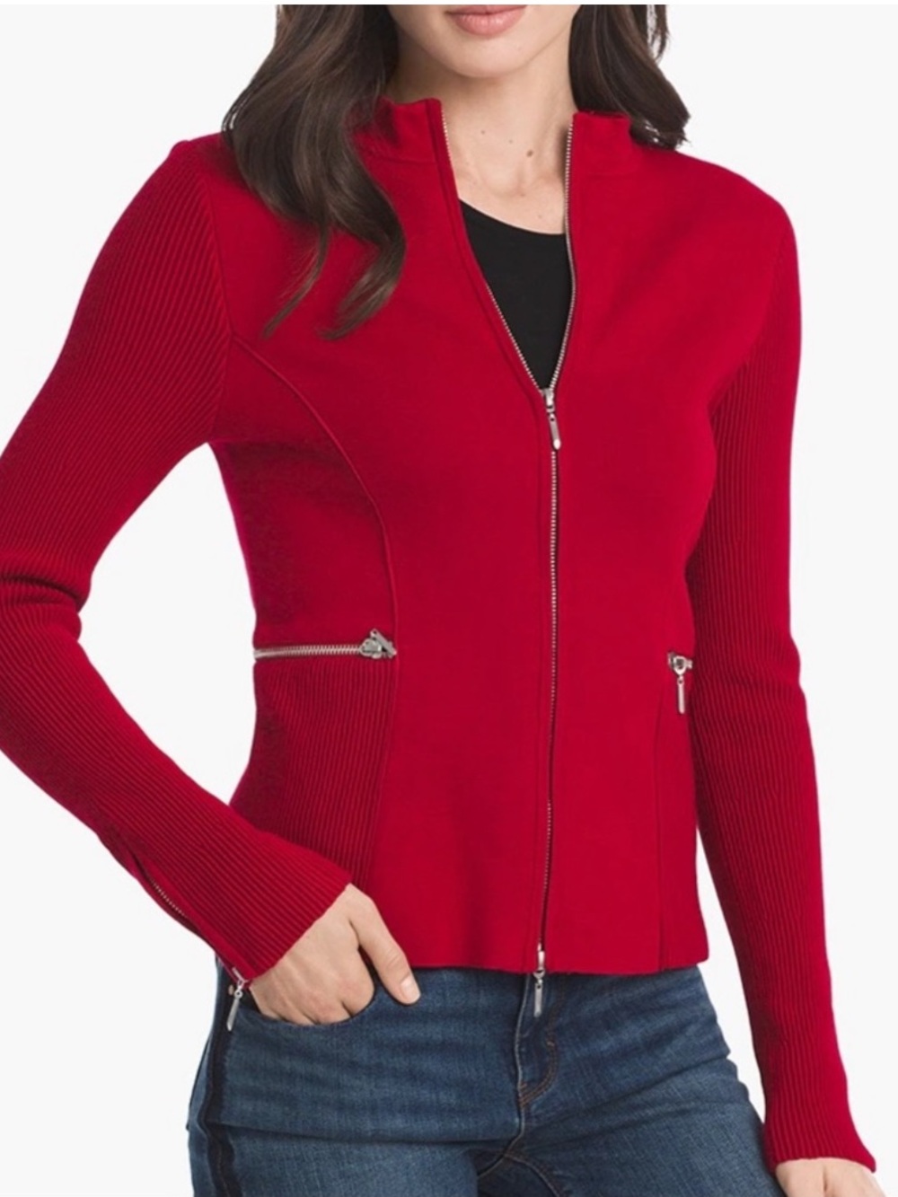 White House Black Market Red Zipper Sweater Cardigan Size Large